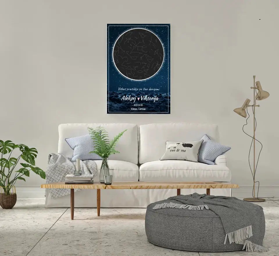 Personalizuotas žvaigždžių žemėlapis su mėlynu fonu ant drobės Drobe - dovanokis.lt