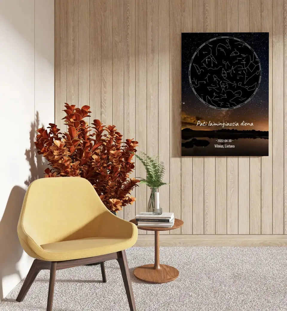 Personalizuotas žvaigždžių žemėlapis su fonu ir tekstu ant drobės Drobe - dovanokis.lt