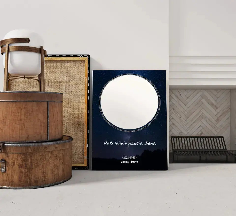 Personalizuotas žvaigždžių žemėlapis su fonu ir tekstu ant drobės Drobe - dovanokis.lt