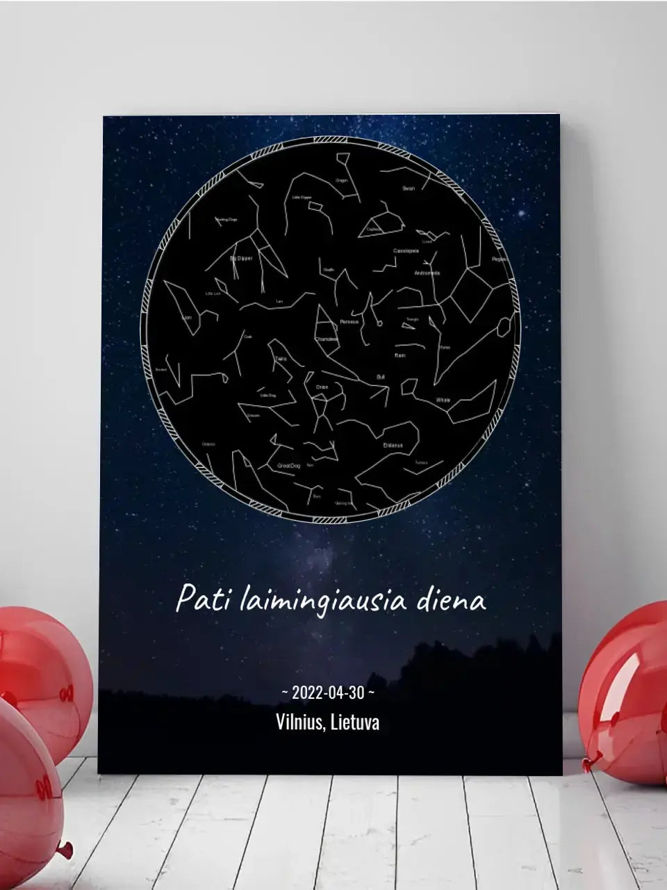 Personalizuotas žvaigždžių žemėlapis su fonu ir tekstu ant drobės Drobe - dovanokis.lt