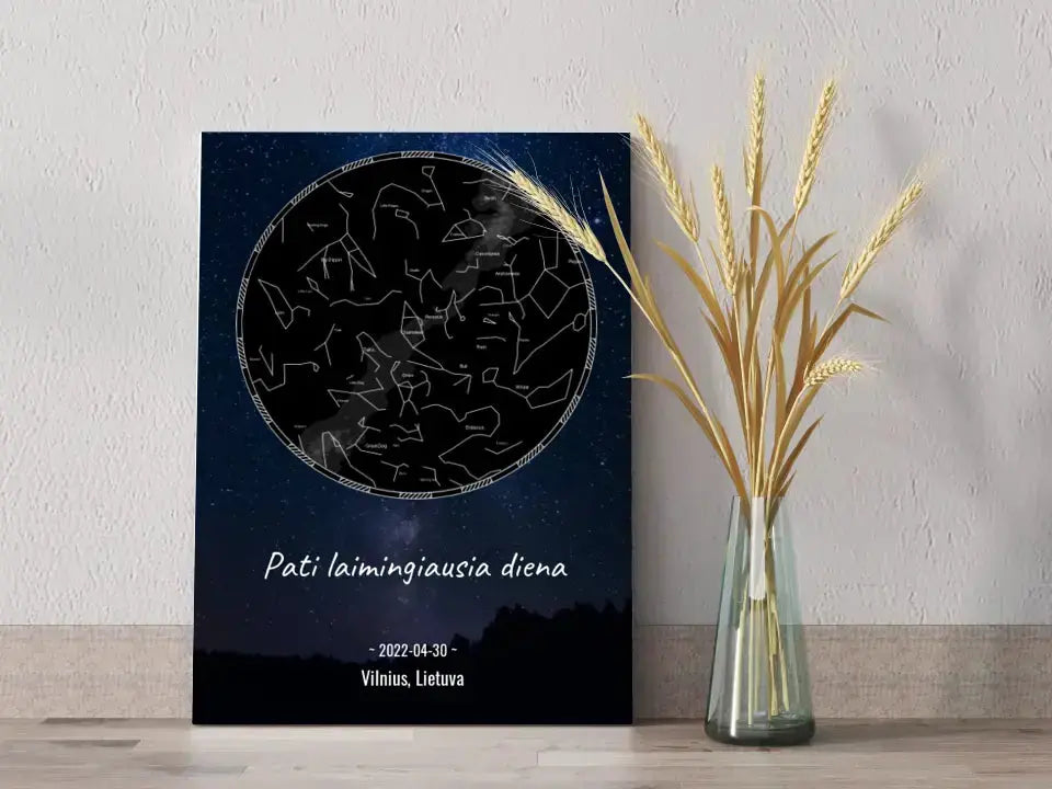 Personalizuotas žvaigždžių žemėlapis su fonu ir tekstu ant drobės Drobe - dovanokis.lt