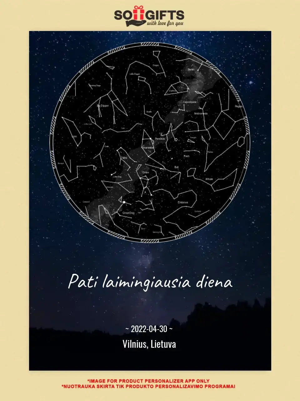 Personalizuotas žvaigždžių žemėlapis su fonu ir tekstu ant drobės Drobe - dovanokis.lt