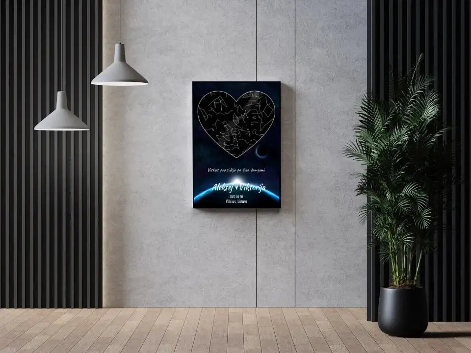 Personalizuotas žvaigždžių žemėlapis su fonu ir tekstu ant drobės Drobe - dovanokis.lt