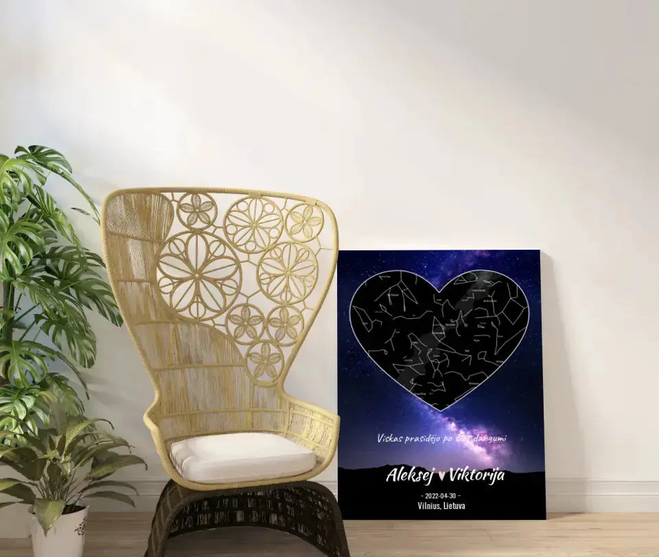 Personalizuotas žvaigždžių žemėlapis su fonu ir tekstu ant drobės Drobe - dovanokis.lt