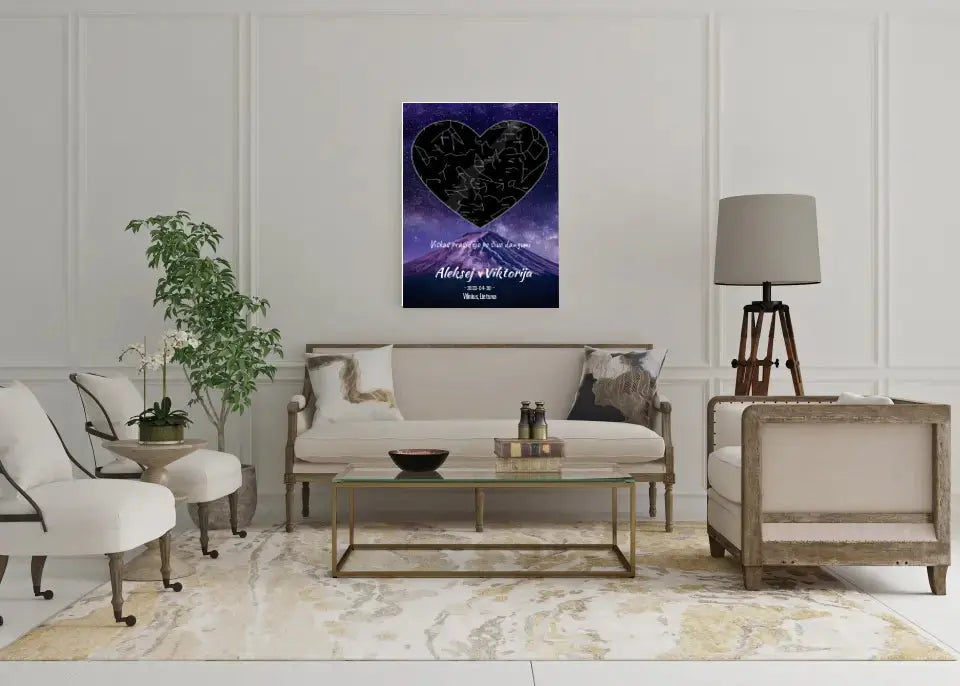 Personalizuotas žvaigždžių žemėlapis su fonu ir tekstu ant drobės Drobe - dovanokis.lt