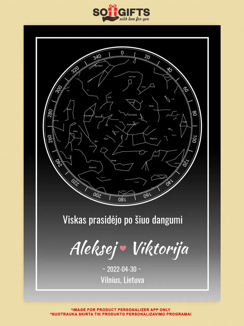 Personalizuotas žvaigždžių žemėlapis ant drobės Drobe - dovanokis.lt