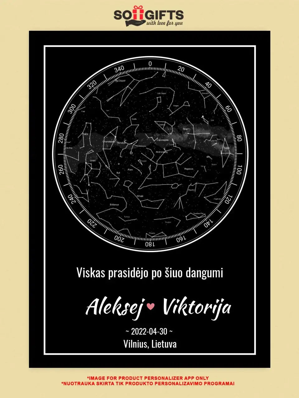 Personalizuotas žvaigždžių žemėlapis ant drobės Drobe - dovanokis.lt