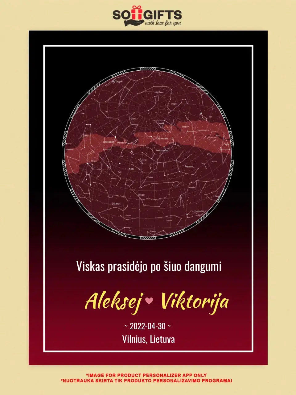 Personalizuotas žvaigždžių žemėlapis ant drobės Drobe - dovanokis.lt