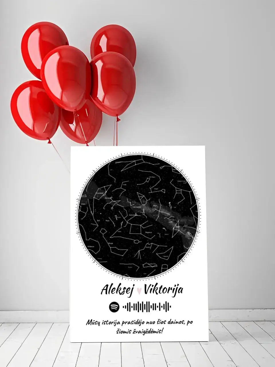 Personalizuotas žvaigždžių žemėlapis su spotify kodu ir tekstu ant drobės Drobe - dovanokis.lt