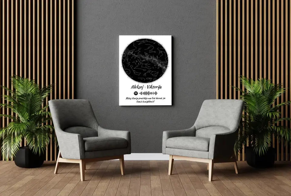 Personalizuotas žvaigždžių žemėlapis su spotify kodu ir tekstu ant drobės Drobe - dovanokis.lt