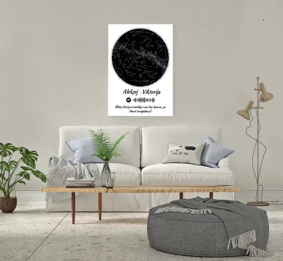 Personalizuotas žvaigždžių žemėlapis su spotify kodu ir tekstu ant drobės Drobe - dovanokis.lt