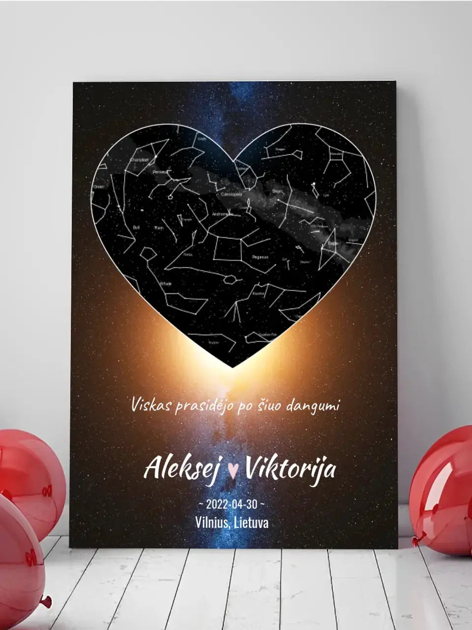 Personalizuotas žvaigždžių žemėlapis su fonu ir tekstu ant drobės Drobe - dovanokis.lt