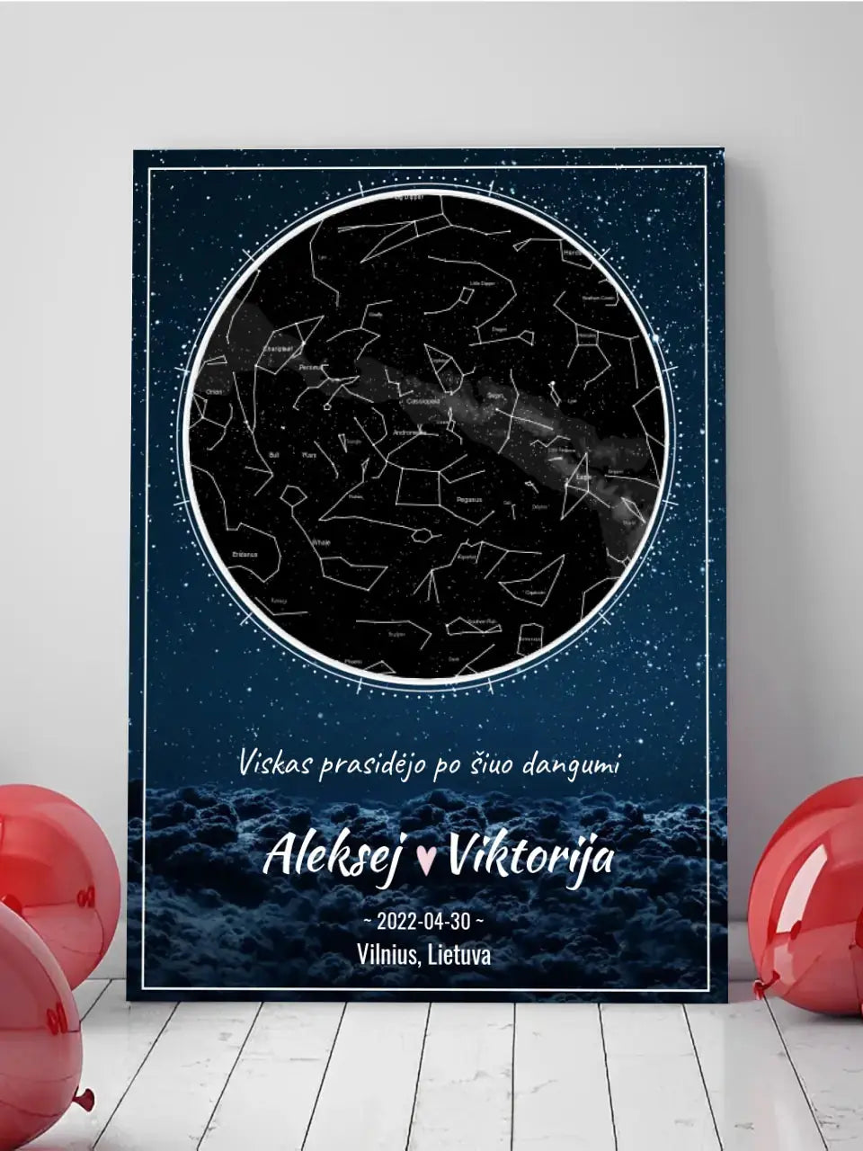 Personalizuotas žvaigždžių žemėlapis su mėlynu fonu ant drobės Drobe - dovanokis.lt