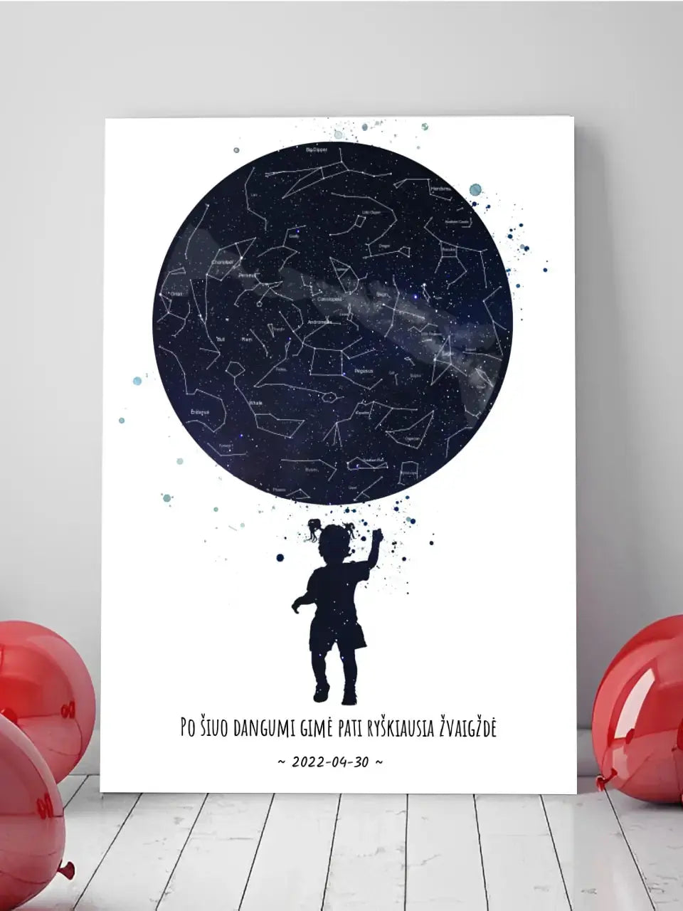 Personalizuotas vaikiškas žvaigždžių žemėlapis mergaitei ant drobės Drobe - dovanokis.lt