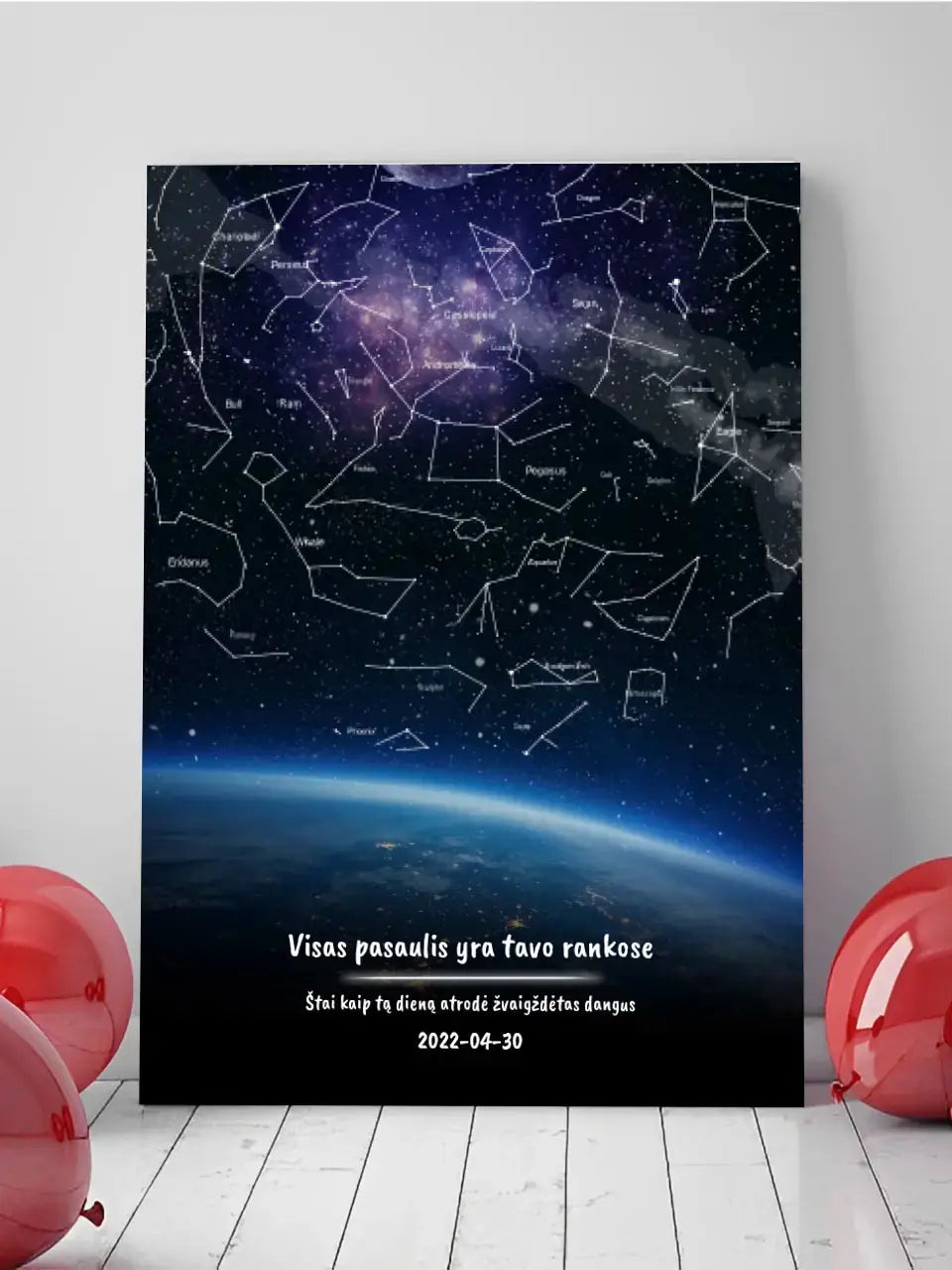 Personalizuotas viso spektro žvaigždžių žemėlapis ant drobės, žemės mėlynas šešėlis Drobe - dovanokis.lt