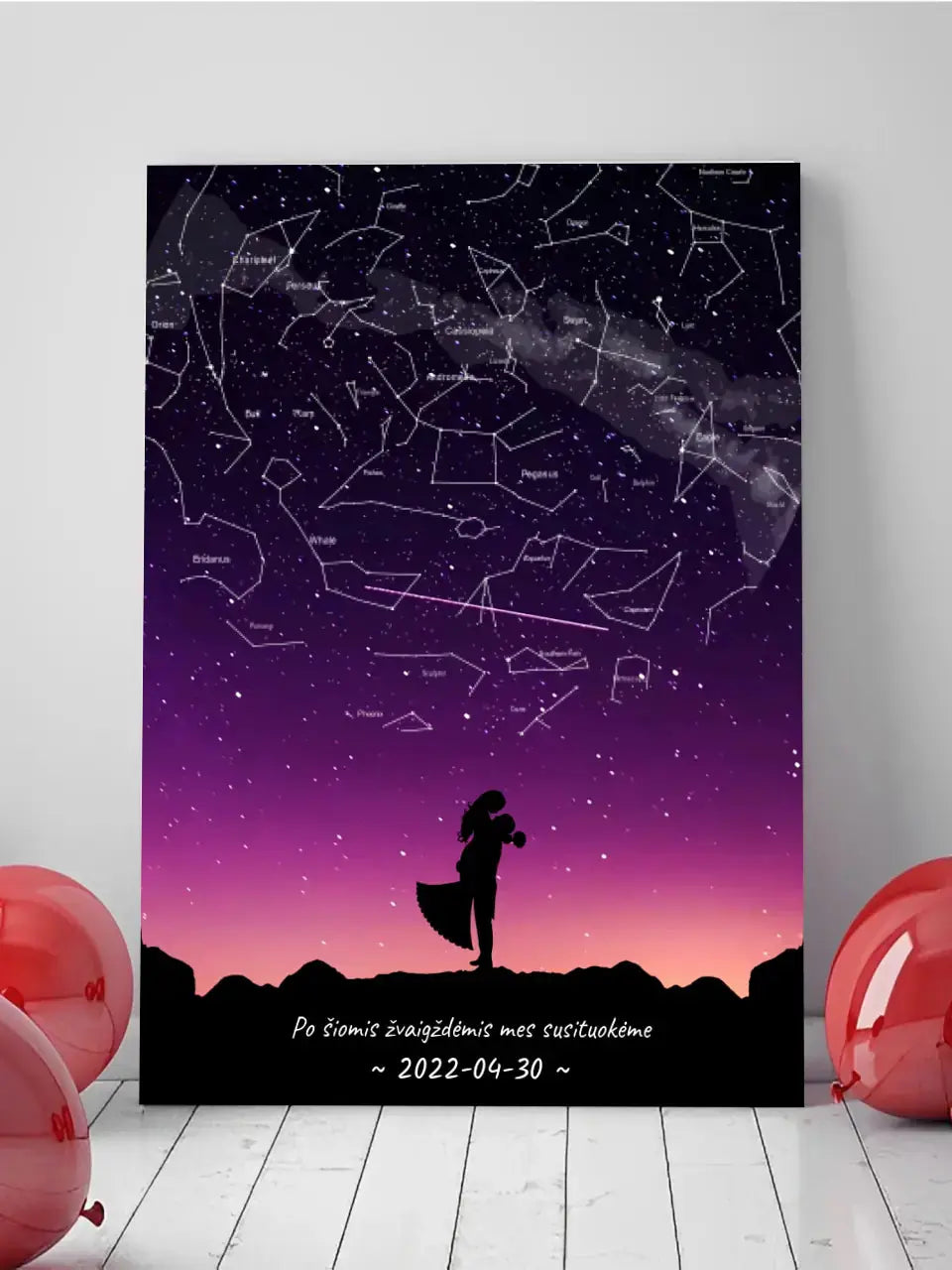 Personalizuotas viso spektro žvaigždžių žemėlapis ant drobės, su Vestuvių dienos pasirinktu siluetu Drobe - dovanokis.lt