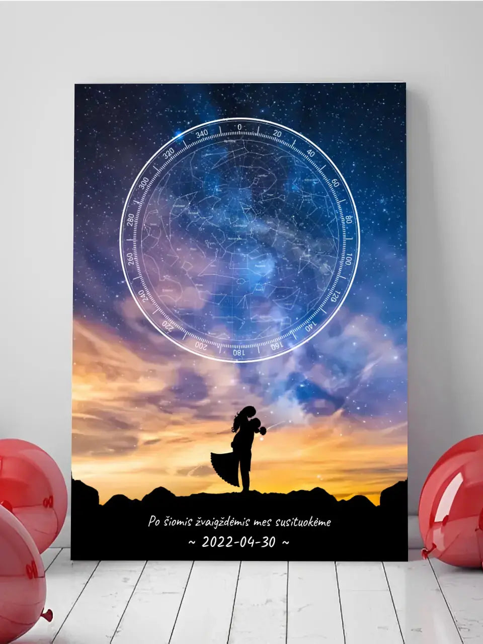 Personalizuotas žvaigždžių žemėlapis ant drobės, su vestuvių dienos pasirinktu siluetu Drobe - dovanokis.lt
