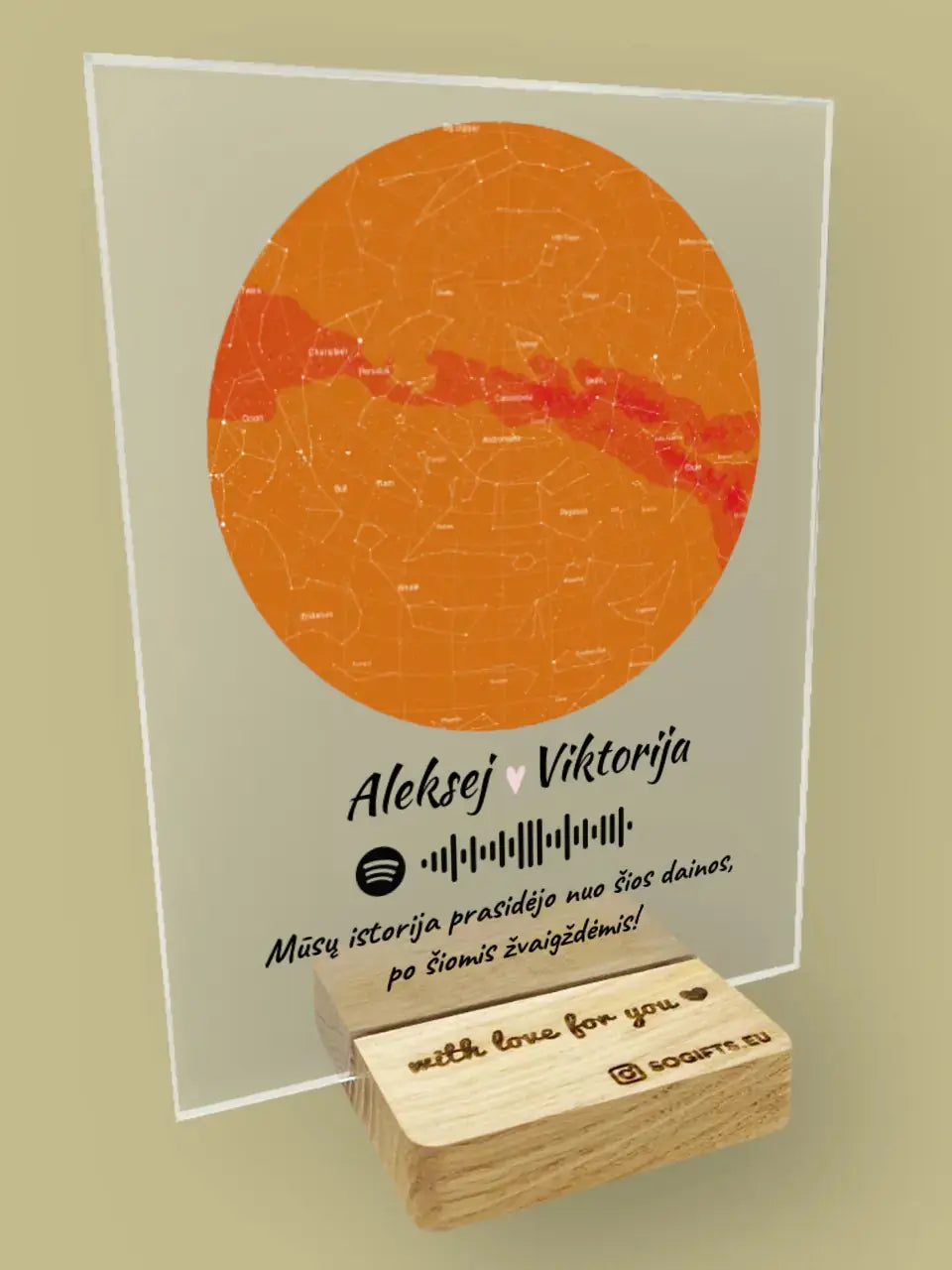 Personalizuotas žvaigždžių žemėlapis, stiklinis posteris, su spotify kodu TeeInBlue