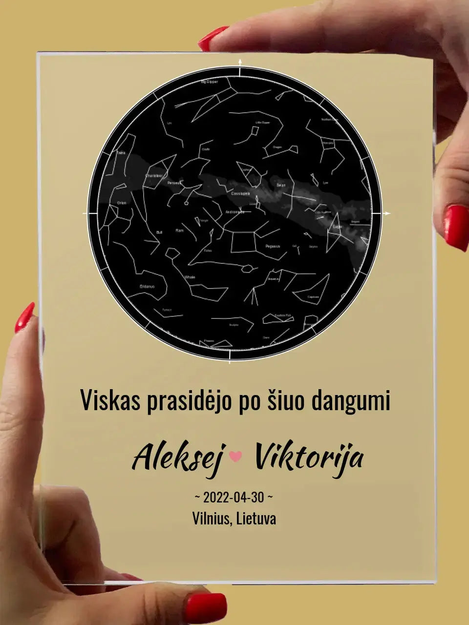 Personalizuotas žvaigždžių žemėlapio stiklinis posteris TeeInBlue