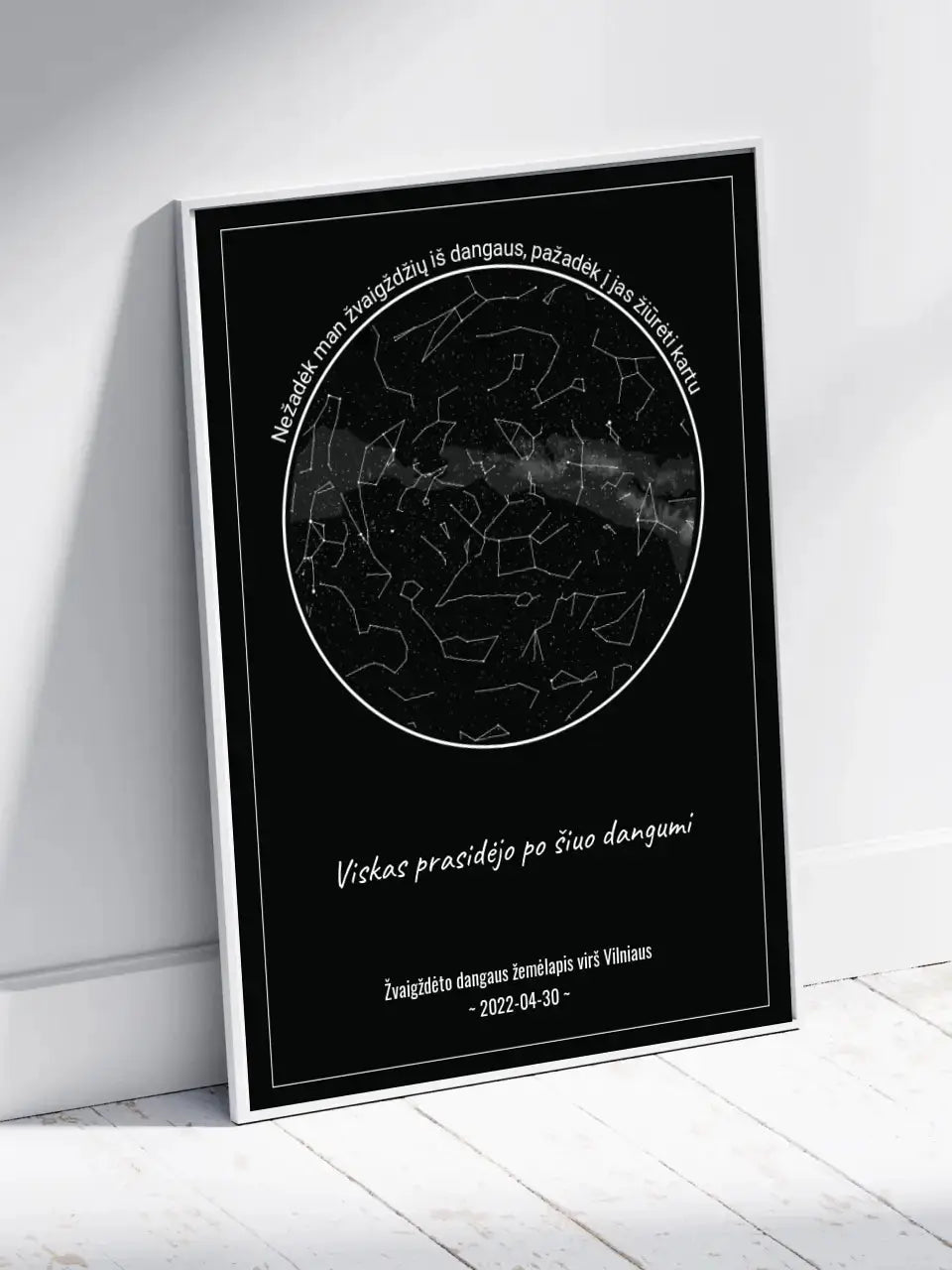 Personalizuotas žvaigždžių žemėlapis, plakatas su rėmeliu, Nežadėk man žvaigždžių iš dangaus, pažadėk į jas žiūrėti kartu Poster - dovanokis.lt