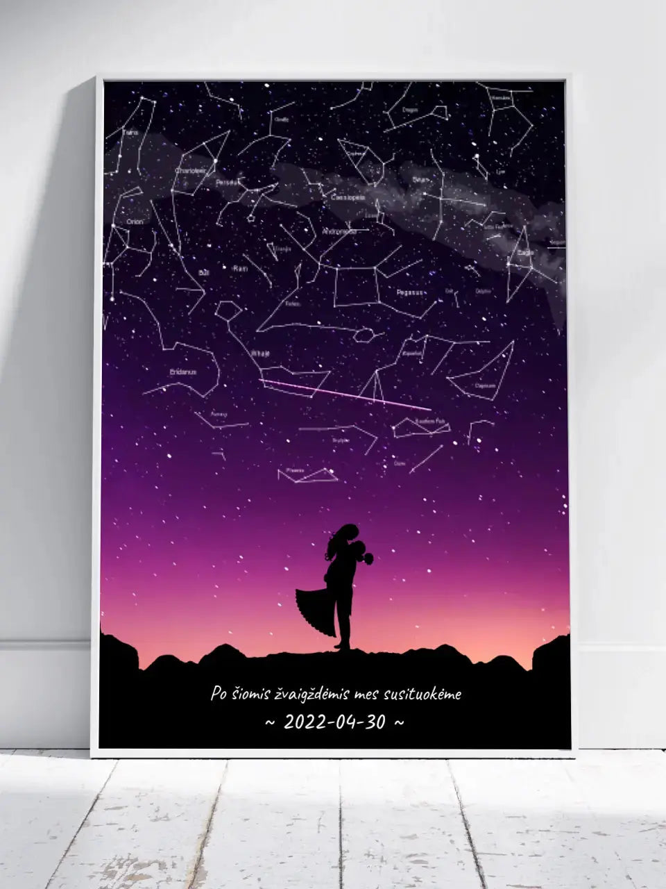 Personalizuotas viso spektro žvaigždžių žemėlapis, plakatas su rėmeliu, su Vestuvių dienos pasirinktu siluetu Poster - dovanokis.lt