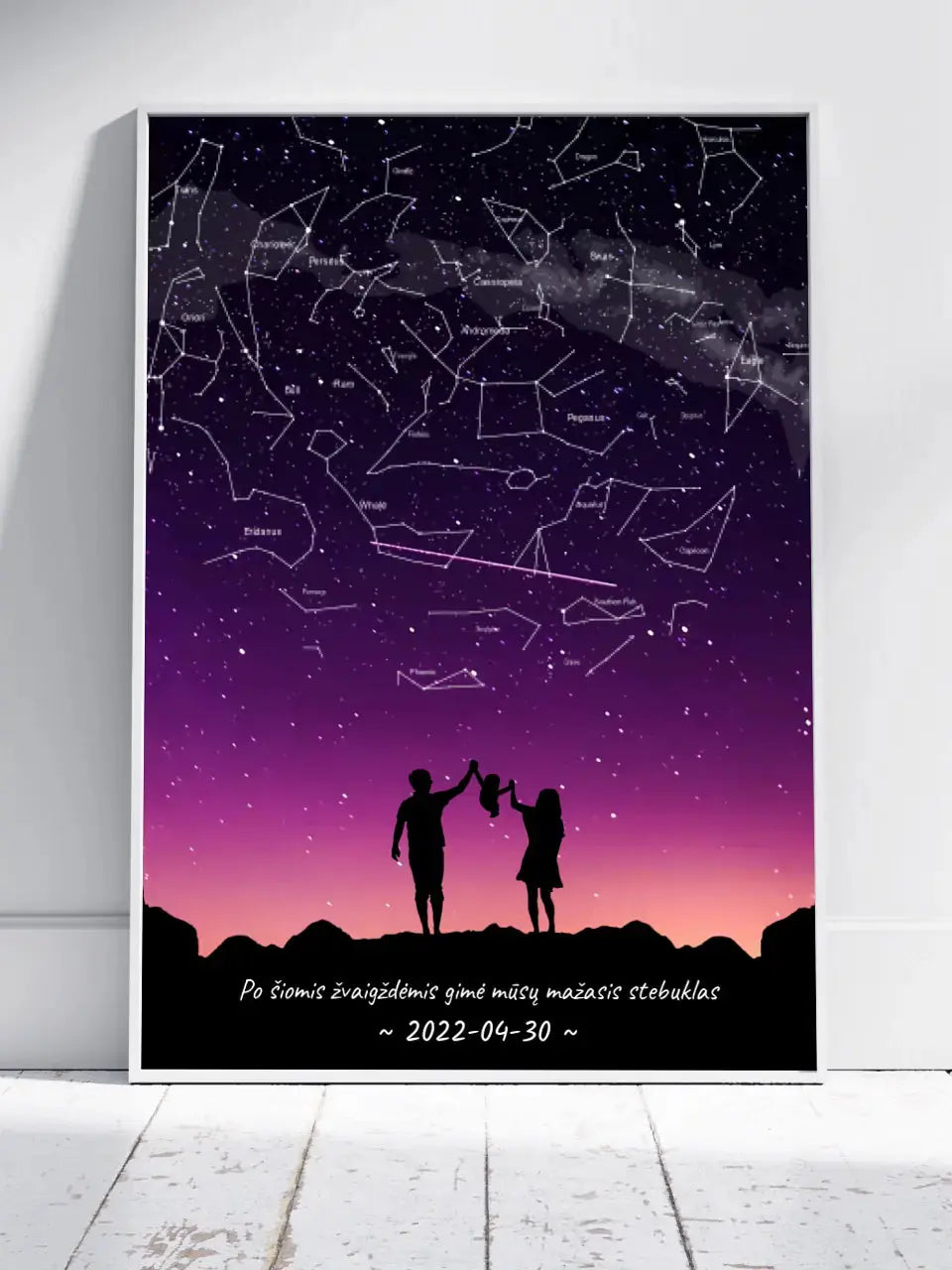 Personalizuotas viso spektro žvaigždžių žemėlapis, plakatas su rėmeliu, su Šeimos pasirinktu siluetu Poster - dovanokis.lt