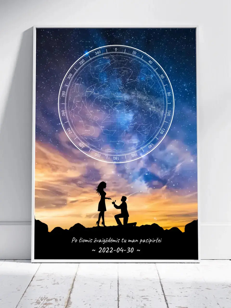 Personalizuotas žvaigždžių žemėlapis, plakatas su rėmeliu, su santuokos pasiūlymo siluetu Poster - dovanokis.lt