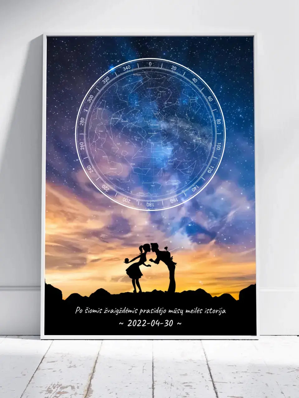 Personalizuotas žvaigždžių žemėlapis, plakatas su rėmeliu, su Meilės istorijos pasirinktu siluetu Poster - dovanokis.lt