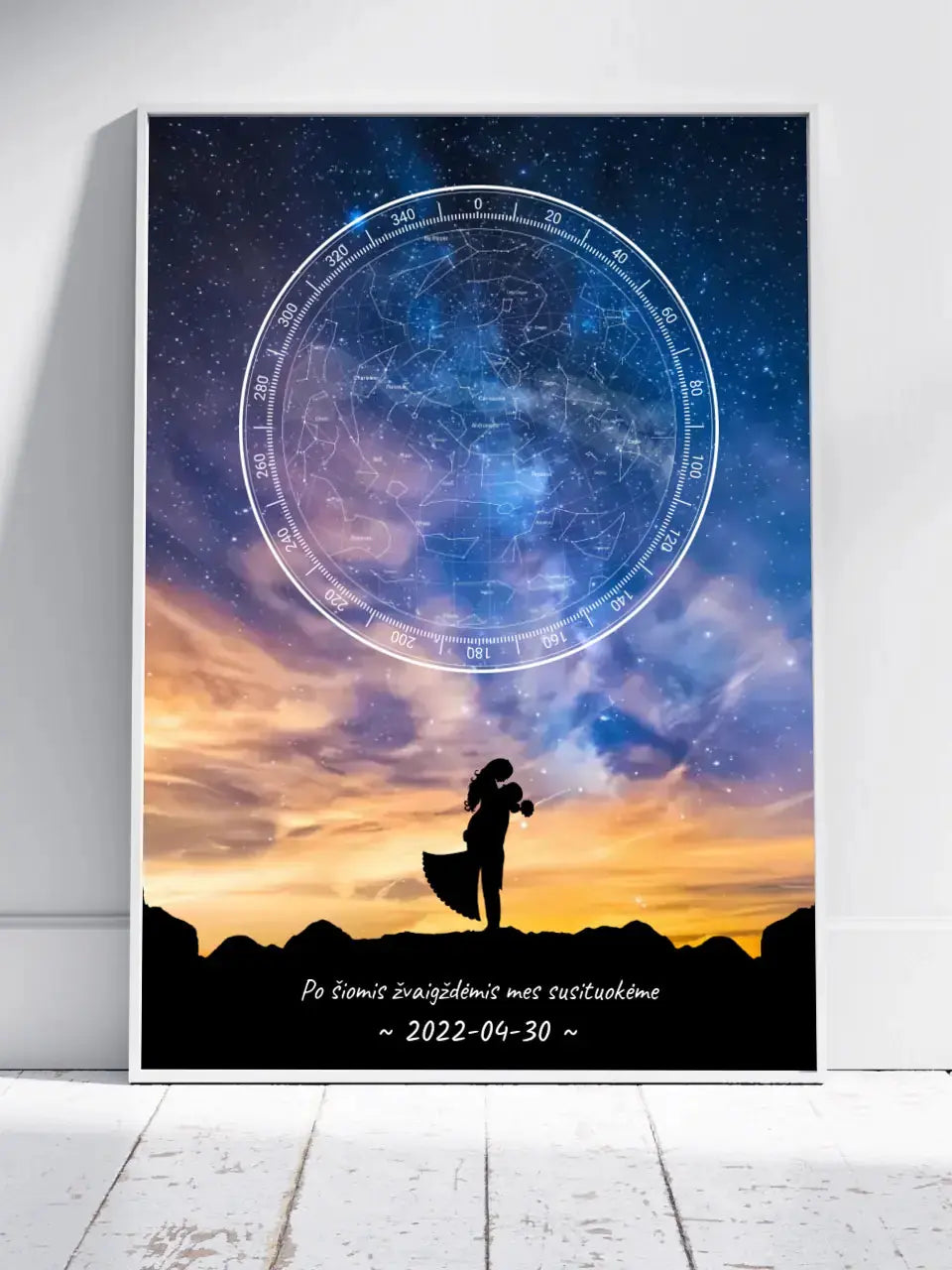 Personalizuotas žvaigždžių žemėlapis, plakatas su rėmeliu, su vestuvių dienos pasirinktu siluetu Poster - dovanokis.lt