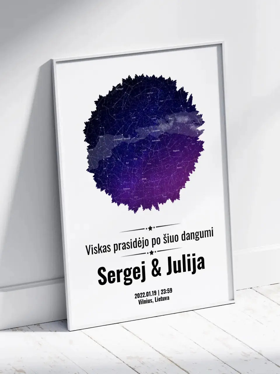 Personalizuotas žvaigždžių žemėlapis, plakatas su rėmeliu, su formos pasirinkimu ir dangaus fonu Poster - dovanokis.lt