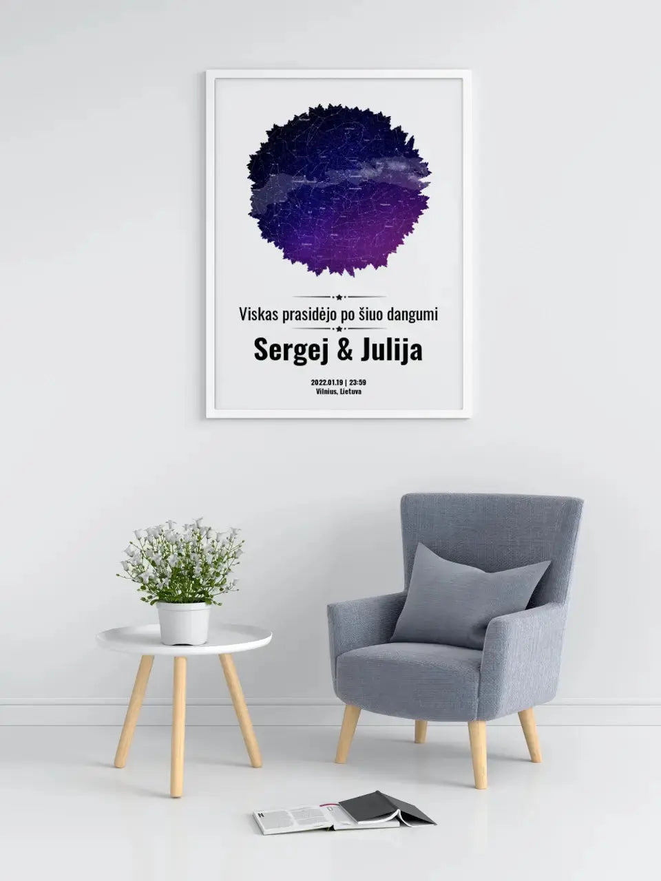 Personalizuotas žvaigždžių žemėlapis, plakatas su rėmeliu, su formos pasirinkimu ir dangaus fonu Poster - dovanokis.lt