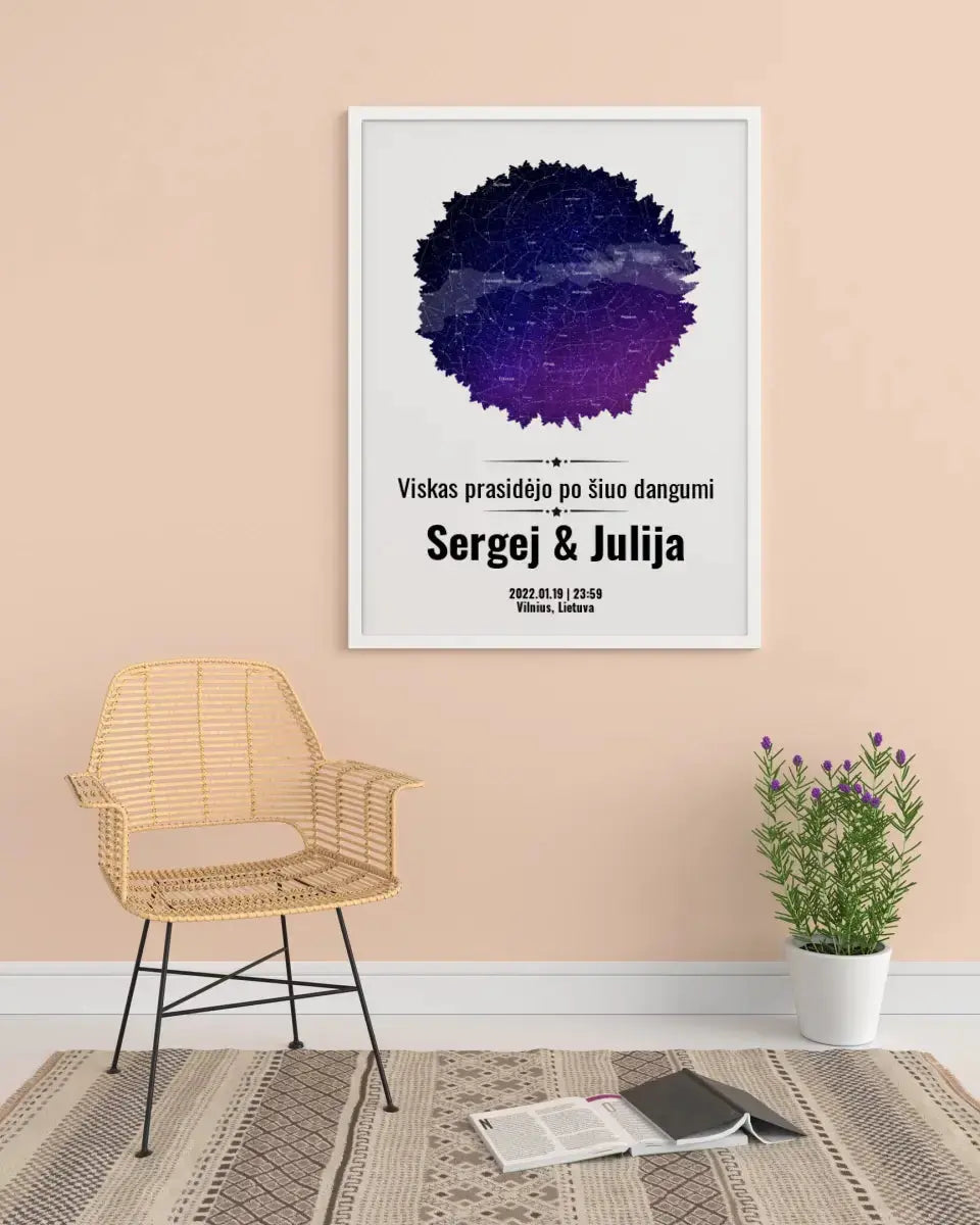 Personalizuotas žvaigždžių žemėlapis, plakatas su rėmeliu, su formos pasirinkimu ir dangaus fonu Poster - dovanokis.lt