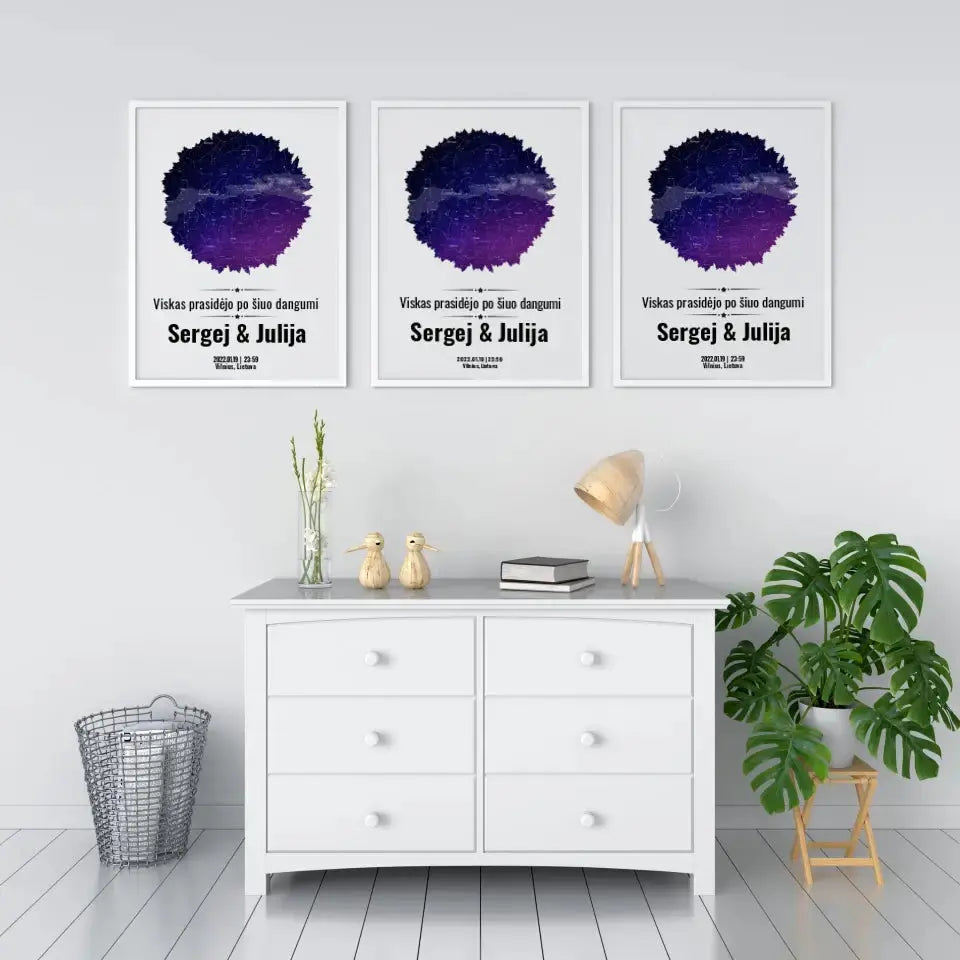 Personalizuotas žvaigždžių žemėlapis, plakatas su rėmeliu, su formos pasirinkimu ir dangaus fonu Poster - dovanokis.lt