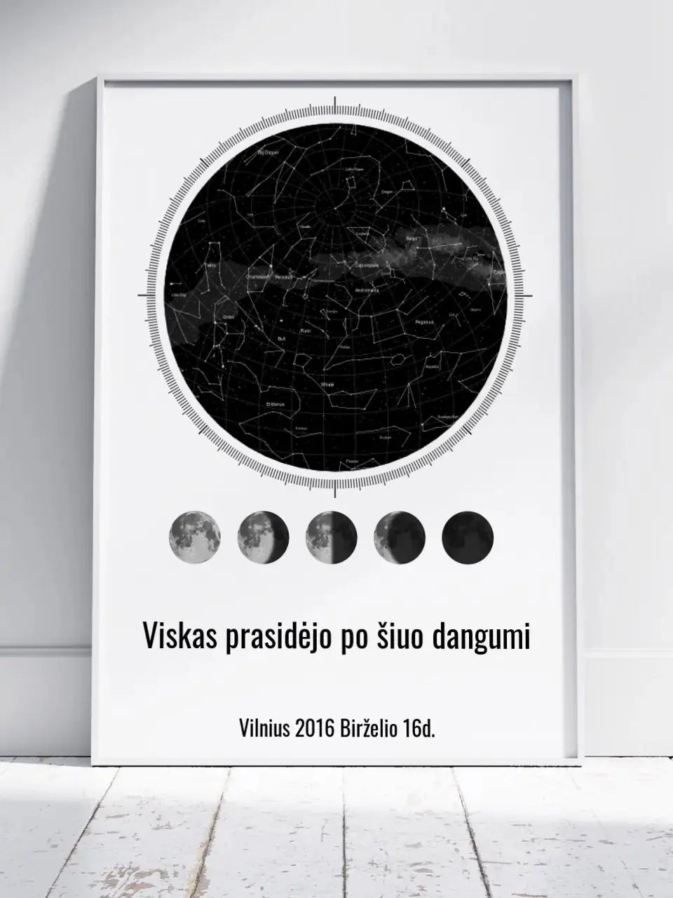 Personalizuotas žvaigždžių žemėlapis, plakatas su rėmeliu, su mėnulio fazėmis ir kompasu Poster - dovanokis.lt