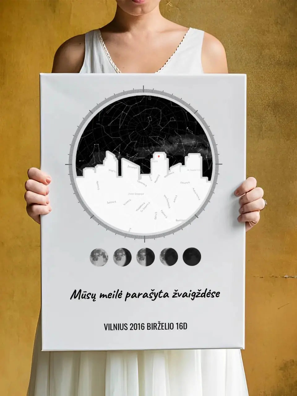 Personalizuotas žvaigždžių žemėlapis ant drobės su jūsų vieta ir žemėlapiu Drobe - dovanokis.lt