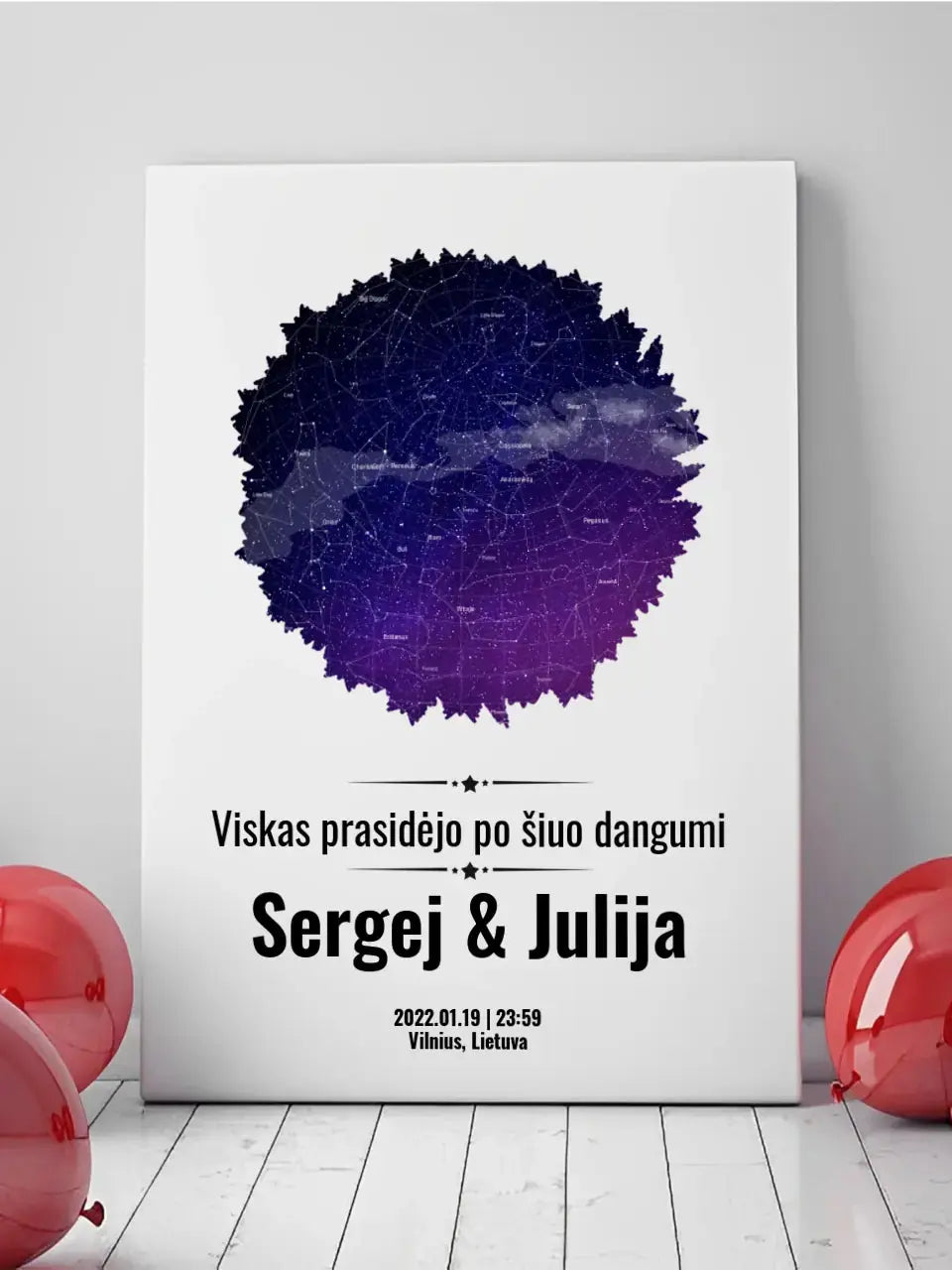 Personalizuotas žvaigždžių žemėlapis su skirtingomis formomis ir dangaus fonu Customizer - dovanokis.lt