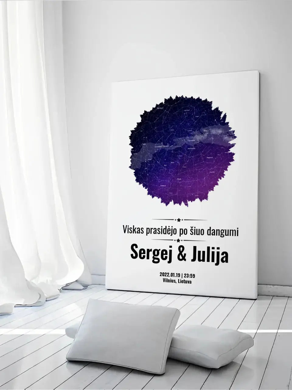 Personalizuotas žvaigždžių žemėlapis su skirtingomis formomis ir dangaus fonu Customizer - dovanokis.lt