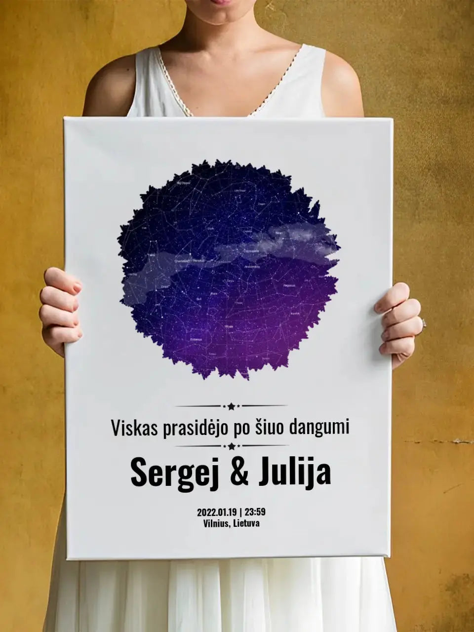 Personalizuotas žvaigždžių žemėlapis su skirtingomis formomis ir dangaus fonu Customizer - dovanokis.lt