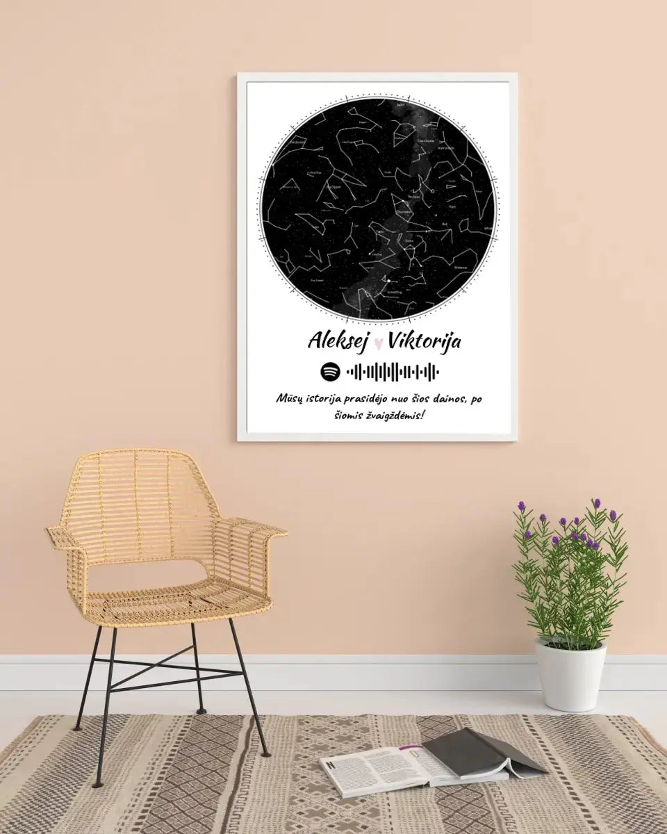 Personalizuotas žvaigždžių žemėlapis, plakatas su rėmeliu Poster - dovanokis.lt
