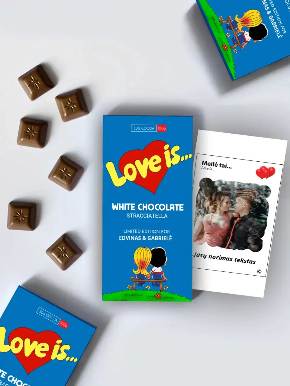 Personalizuotas "Love is Blue" šokoladas su jūsų nuotrauka Šokoladas - dovanokis.lt