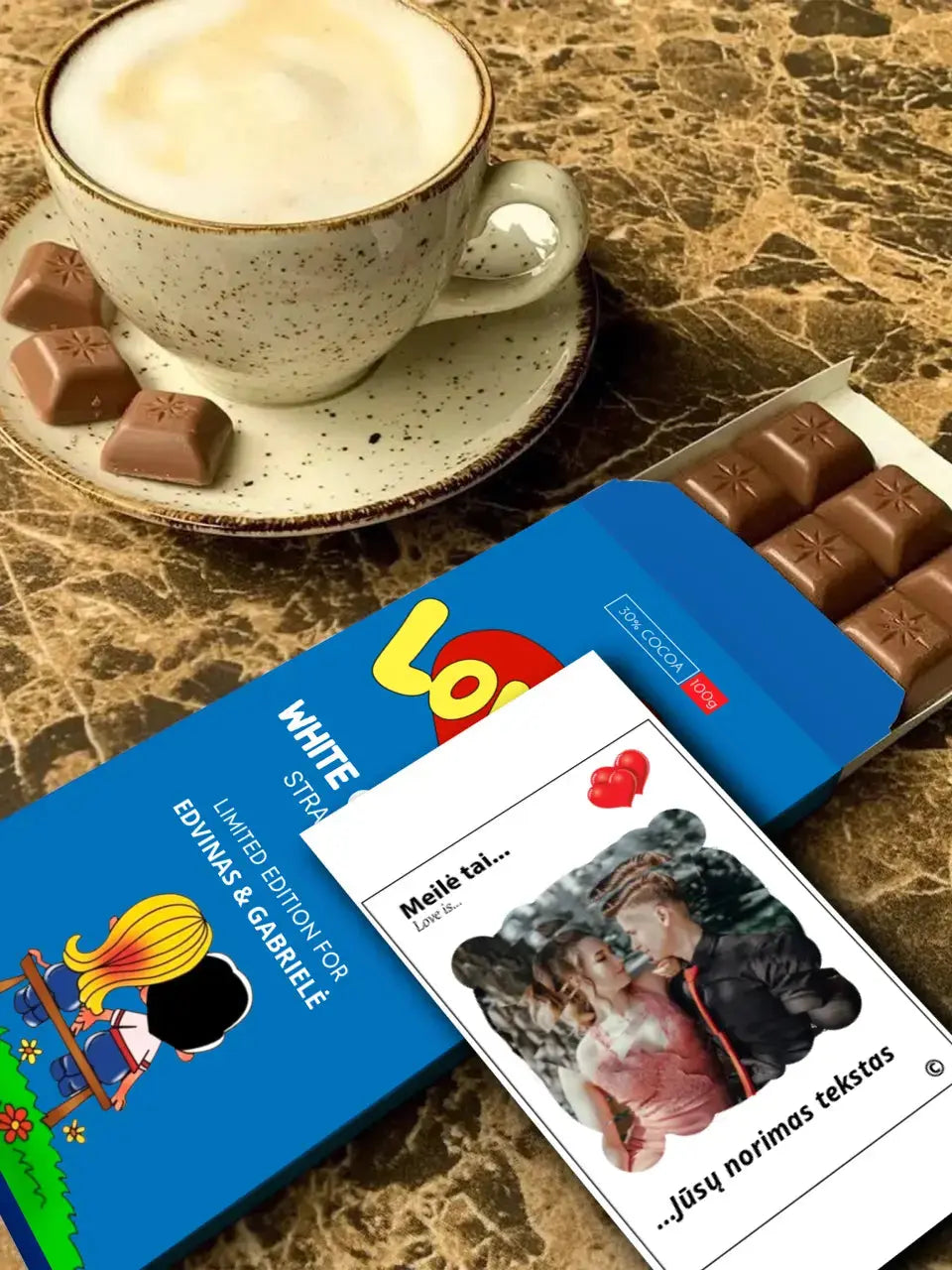 Personalizuotas "Love is Blue" šokoladas su jūsų nuotrauka Šokoladas - dovanokis.lt