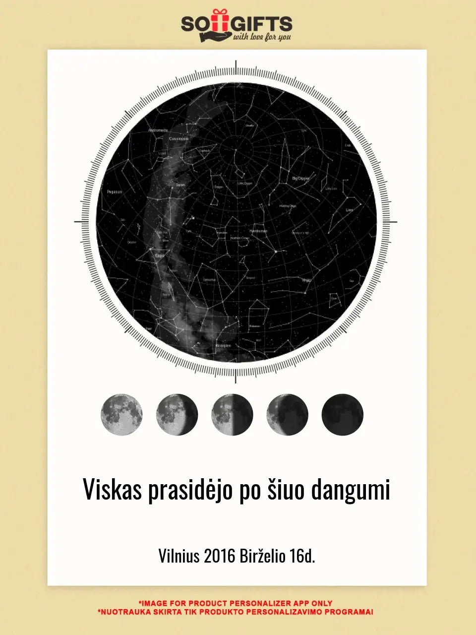 Personalizuotas žvaigždžių žemėlapis, plakatas su rėmeliu, su mėnulio fazėmis ir kompasu Poster - dovanokis.lt