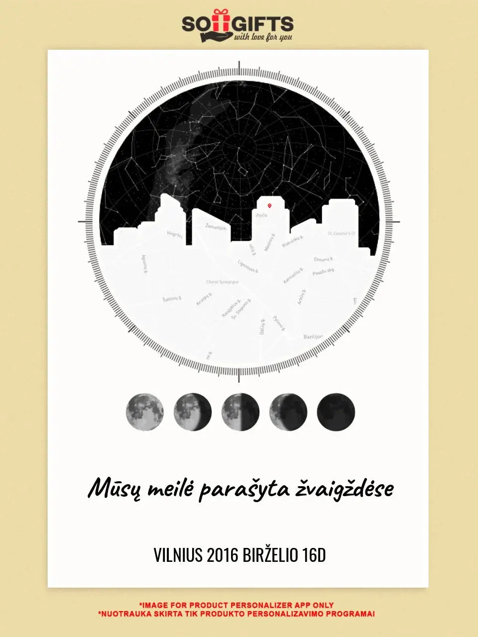Personalizuotas žvaigždžių žemėlapio plakatas su jūsų vieta ir žemėlapiu Poster - dovanokis.lt