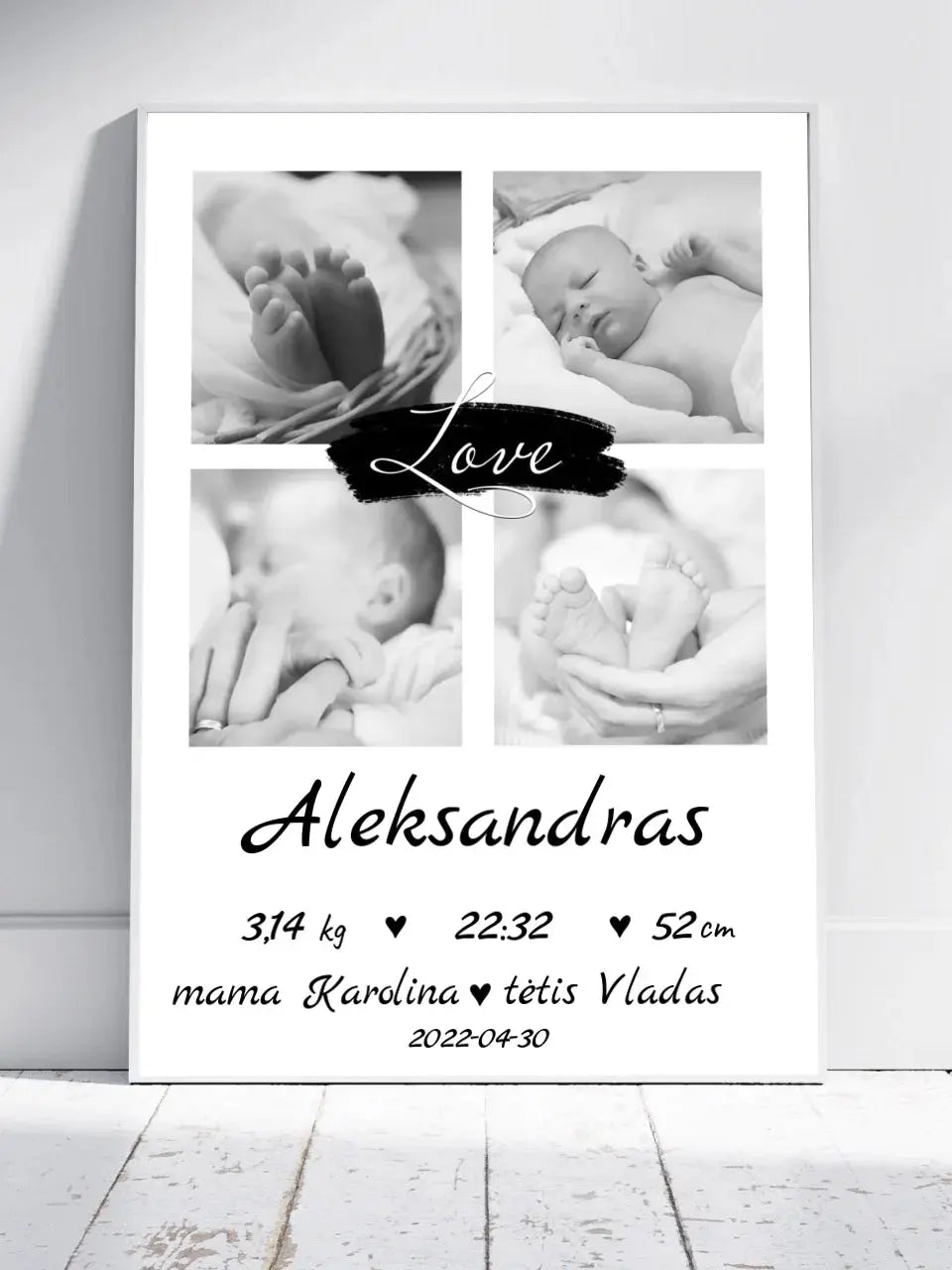 Personalizuota Vaiko Gimimo Metrikų Iliustracija su jūsų nuotraukomis, plakatas su rėmeliu Poster - dovanokis.lt