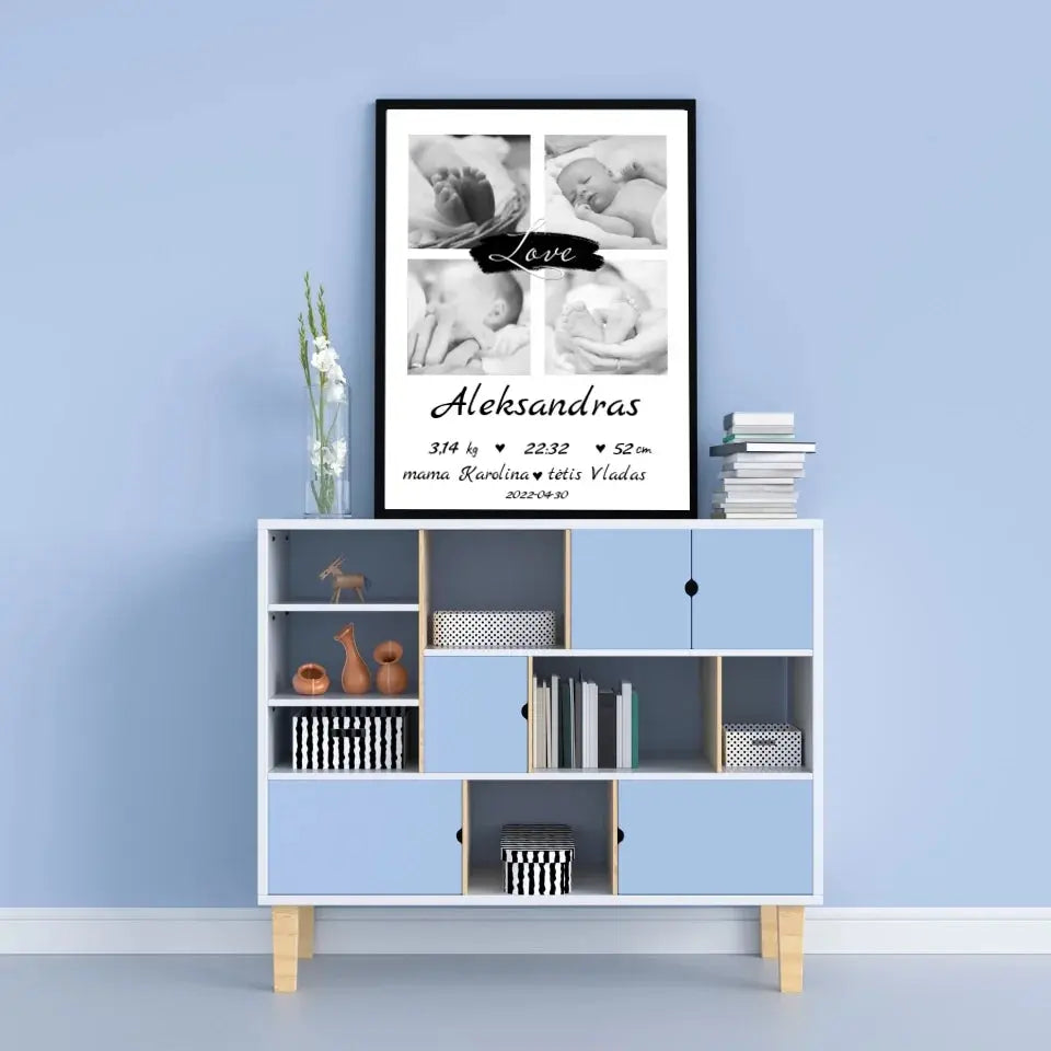 Personalizuota Vaiko Gimimo Metrikų Iliustracija su jūsų nuotraukomis, plakatas su rėmeliu Poster - dovanokis.lt