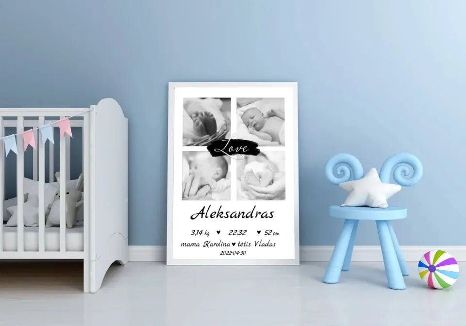 Personalizuota Vaiko Gimimo Metrikų Iliustracija su jūsų nuotraukomis, plakatas su rėmeliu Poster - dovanokis.lt