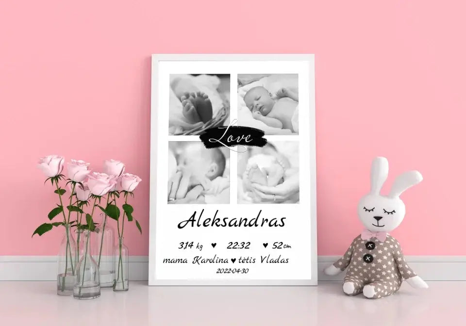 Personalizuota Vaiko Gimimo Metrikų Iliustracija su jūsų nuotraukomis, plakatas su rėmeliu Poster - dovanokis.lt