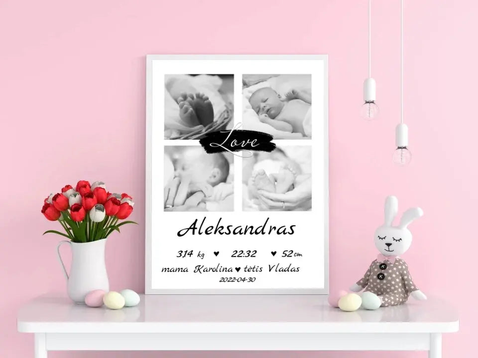 Personalizuota Vaiko Gimimo Metrikų Iliustracija su jūsų nuotraukomis, plakatas su rėmeliu Poster - dovanokis.lt