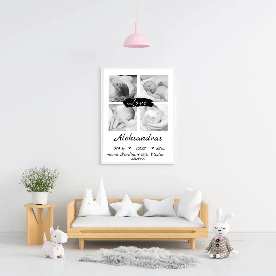 Personalizuota Vaiko Gimimo Metrikų Iliustracija su jūsų nuotraukomis, plakatas su rėmeliu Poster - dovanokis.lt