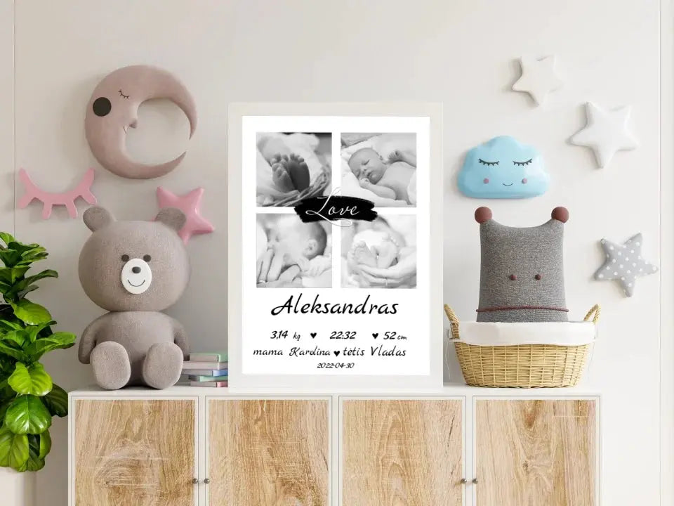 Personalizuota Vaiko Gimimo Metrikų Iliustracija su jūsų nuotraukomis, plakatas su rėmeliu Poster - dovanokis.lt